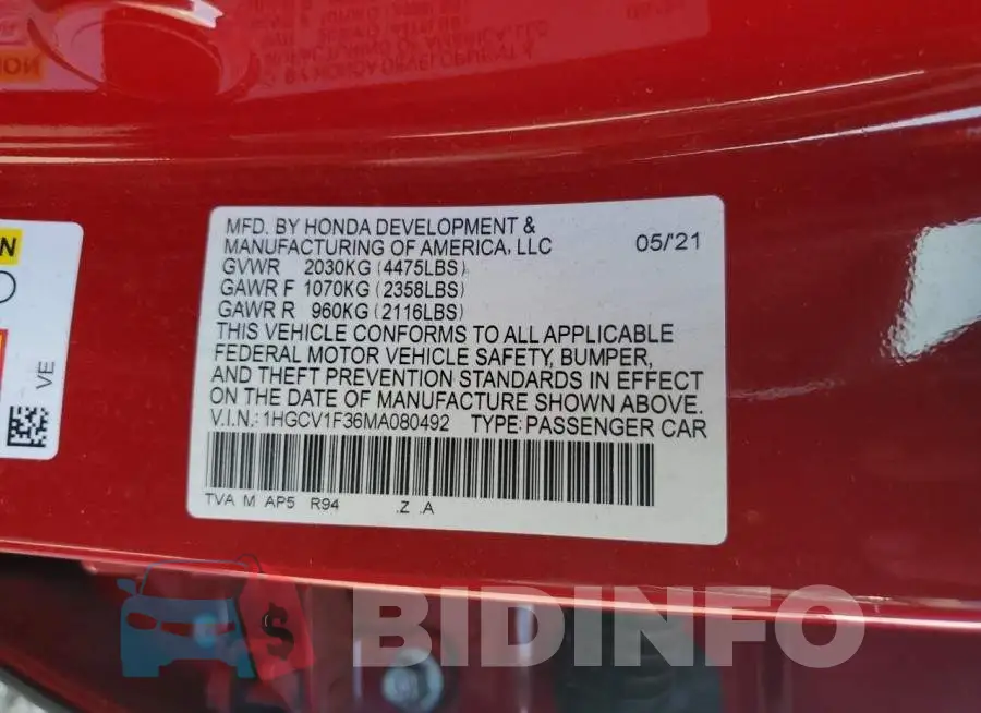 1HGCV1F36MA080492 Photo# 12