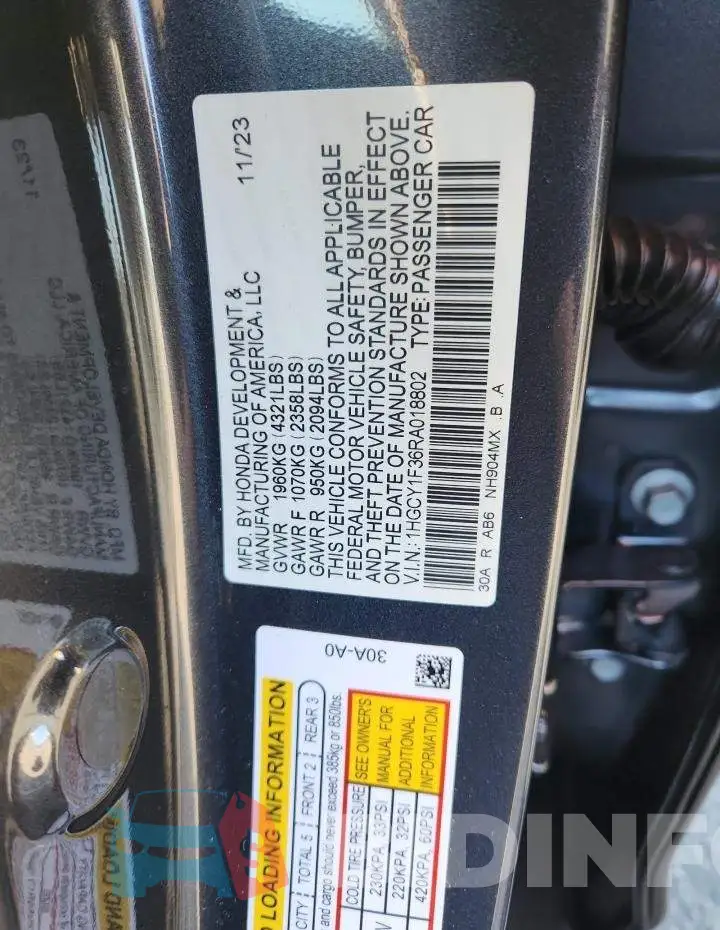 1HGCY1F36RA018802 Photo# 12
