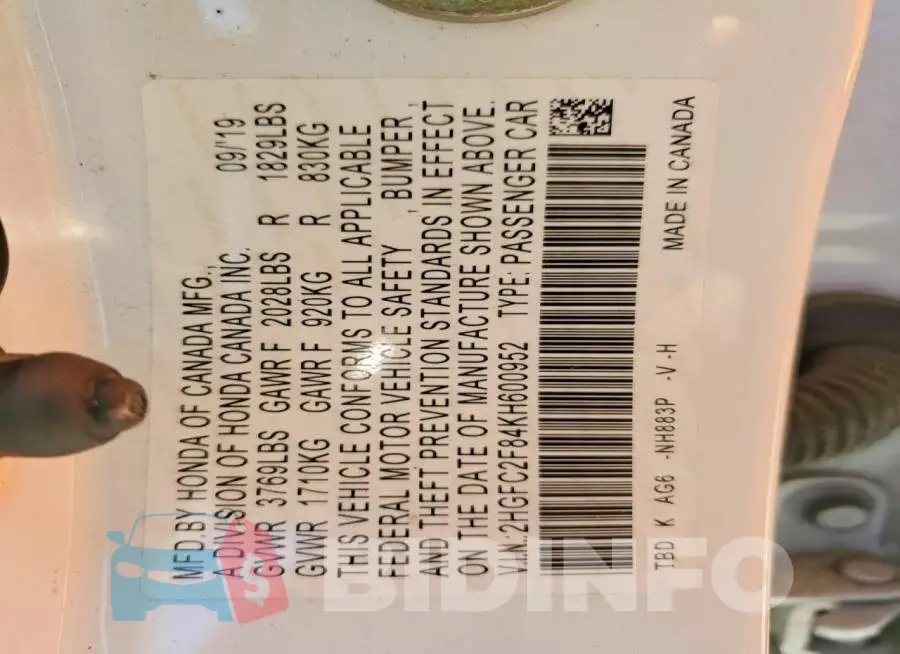 2HGFC2F84KH600952 Photo# 13