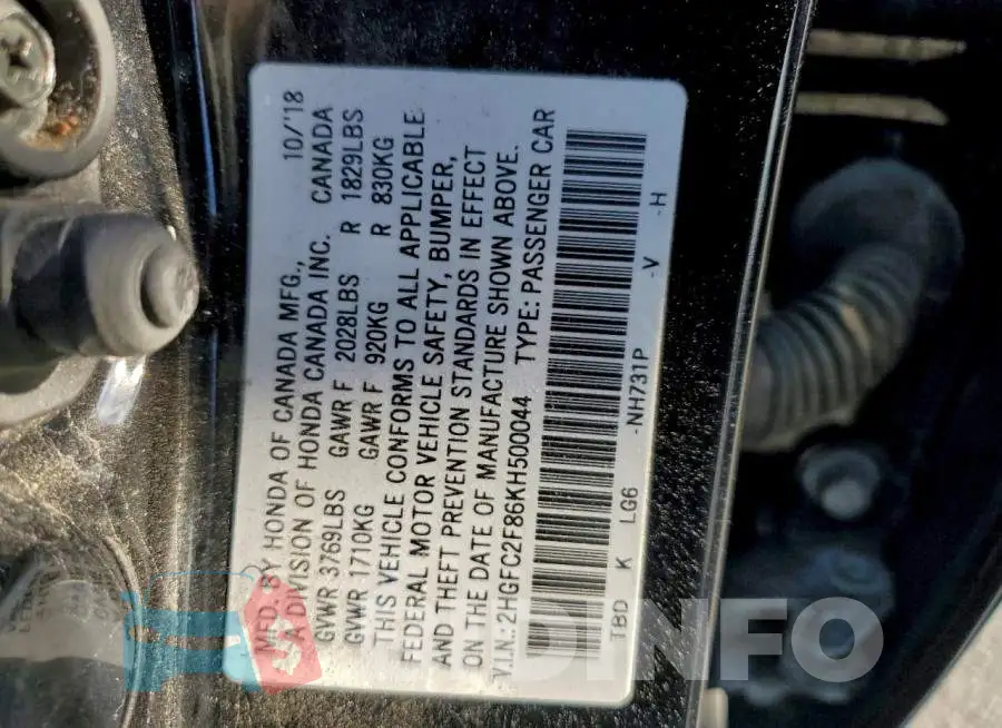 2HGFC2F86KH500044 Photo# 13
