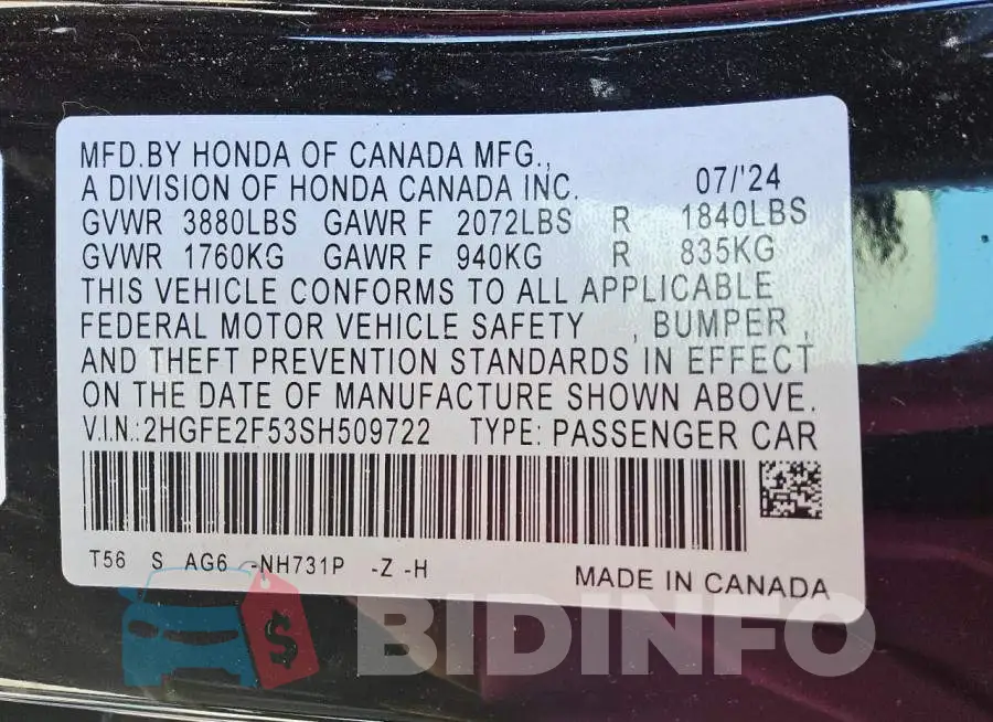 2HGFE2F53SH509722 Photo# 12
