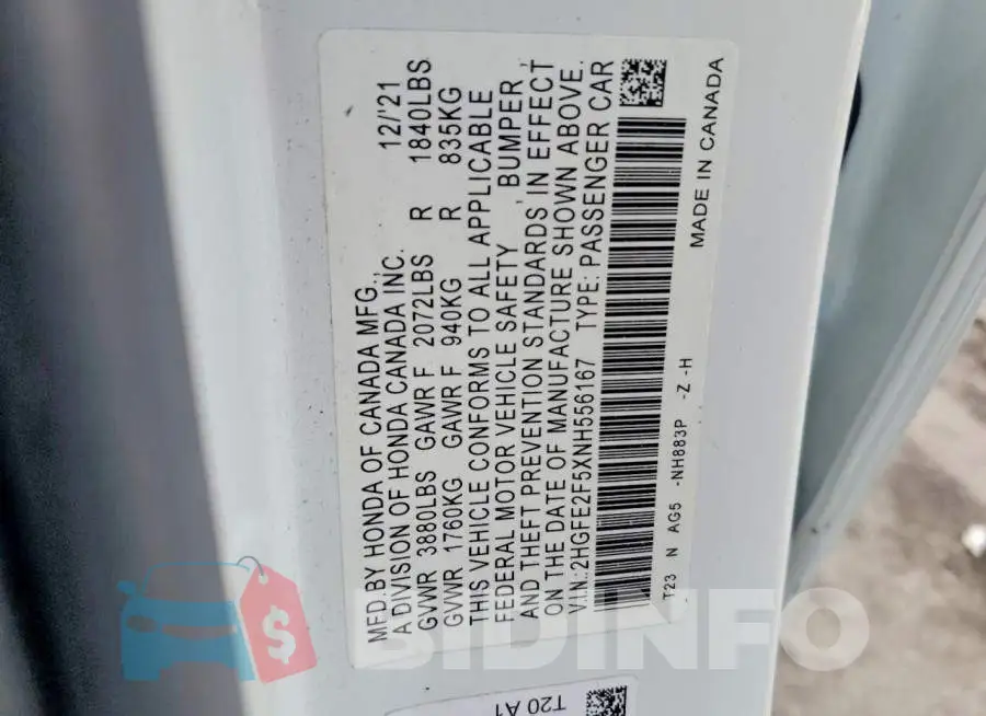 2HGFE2F5XNH556167 Photo# 12