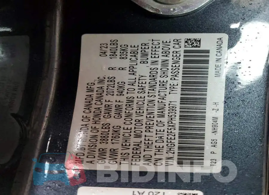 2HGFE2F5XPH539971 Photo# 12