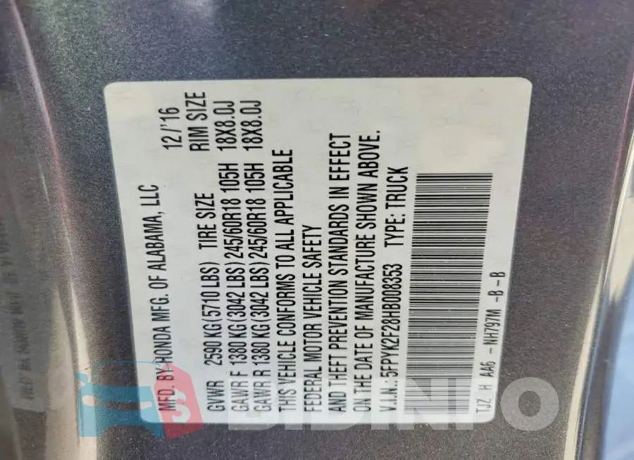 5FPYK2F28HB008353 Photo# 12