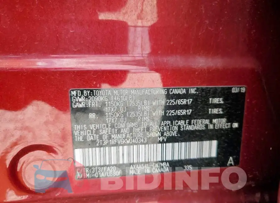 2T3P1RFV6KW040343 Photo# 13