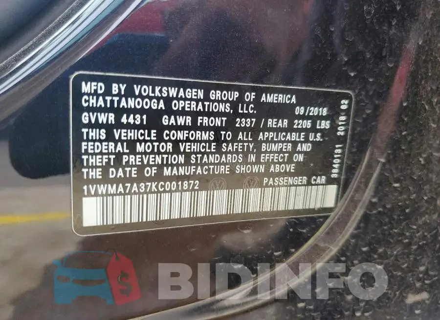 1VWMA7A37KC001872 Photo# 12