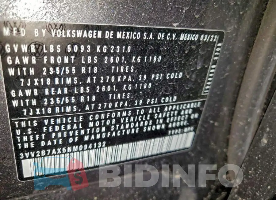 3VV2B7AX5NM094132 Photo# 13