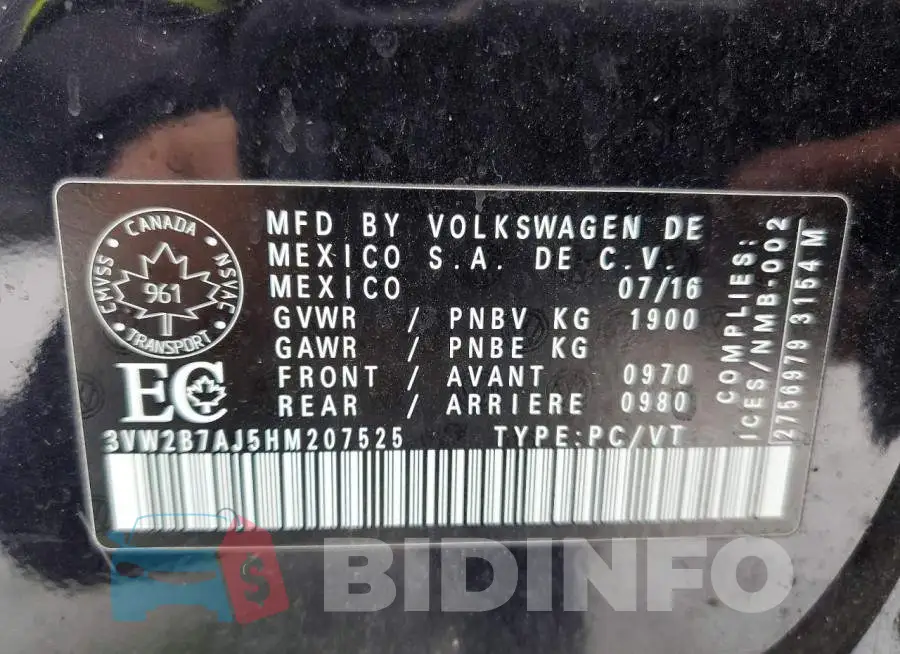 3VW2B7AJ5HM207525 Photo# 13