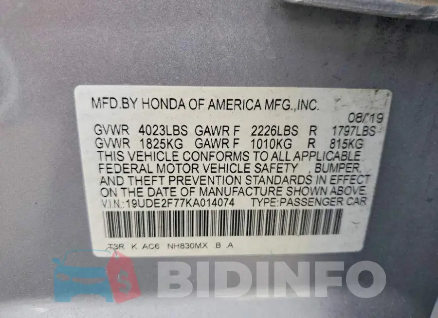 19UDE2F77KA014074 Photo# 12