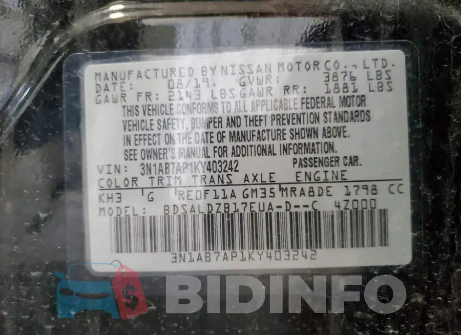 3N1AB7AP1KY403242 Photo# 13