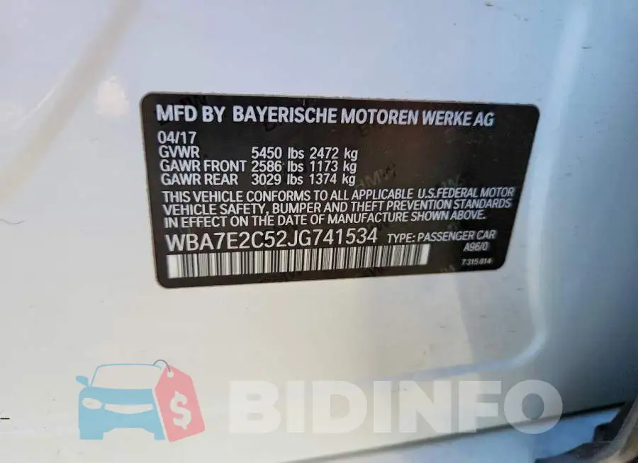 WBA7E2C52JG741534 Photo# 12