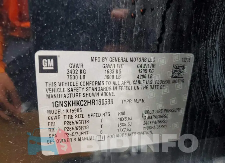 1GNSKHKC2HR180539 Photo# 13