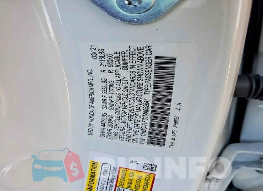 1HGCV1F31MA052647 Photo# 13