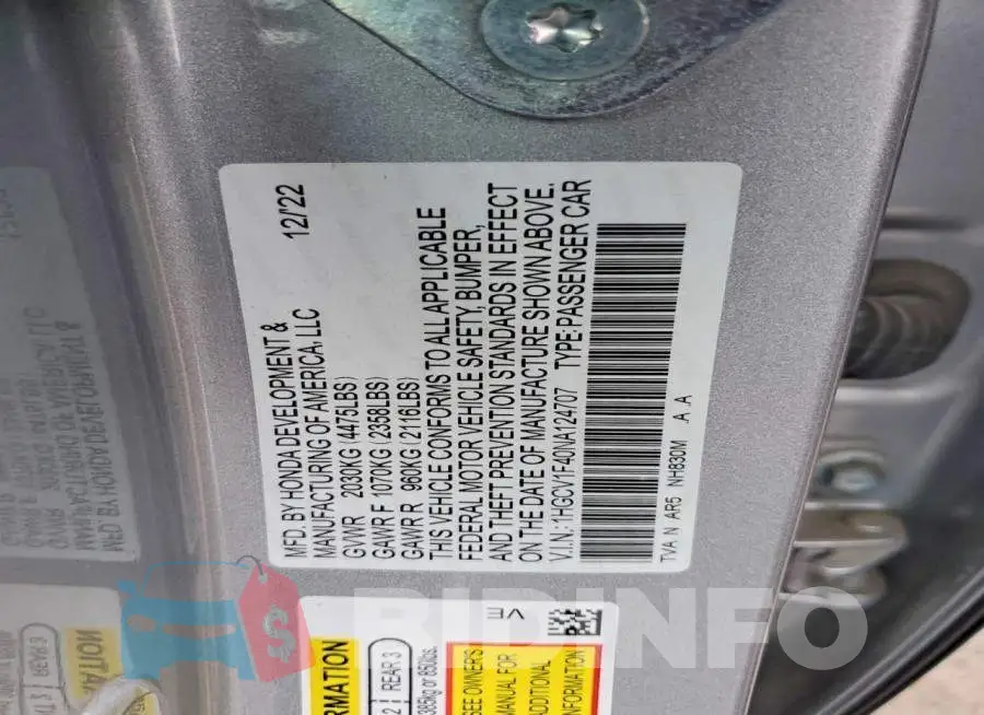 1HGCV1F40NA124707 Photo# 12