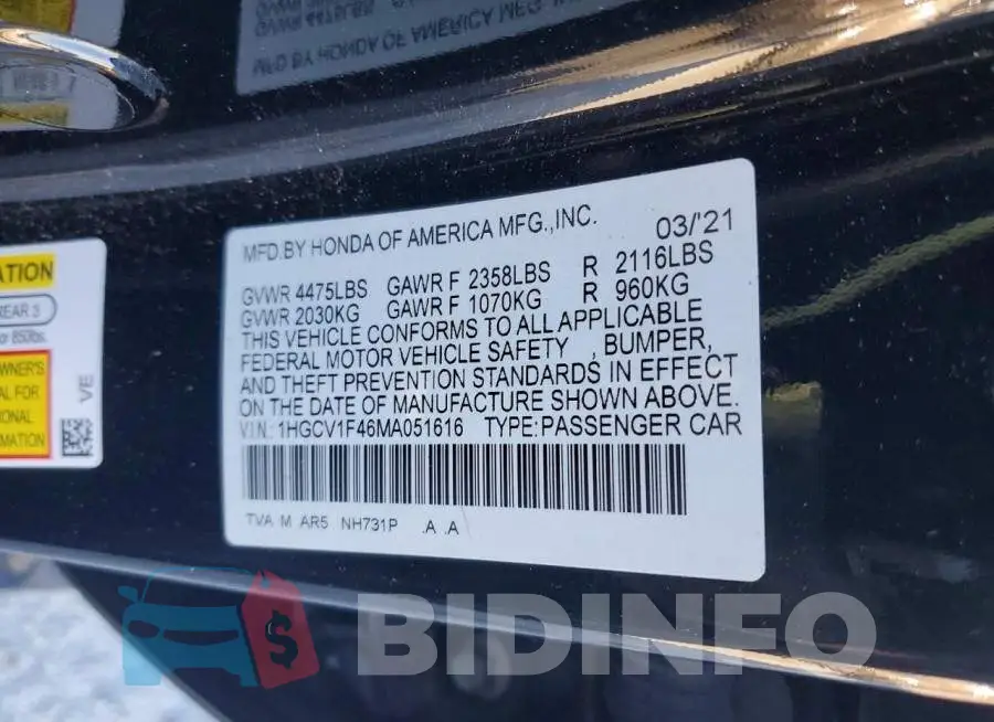 1HGCV1F46MA051616 Photo# 12