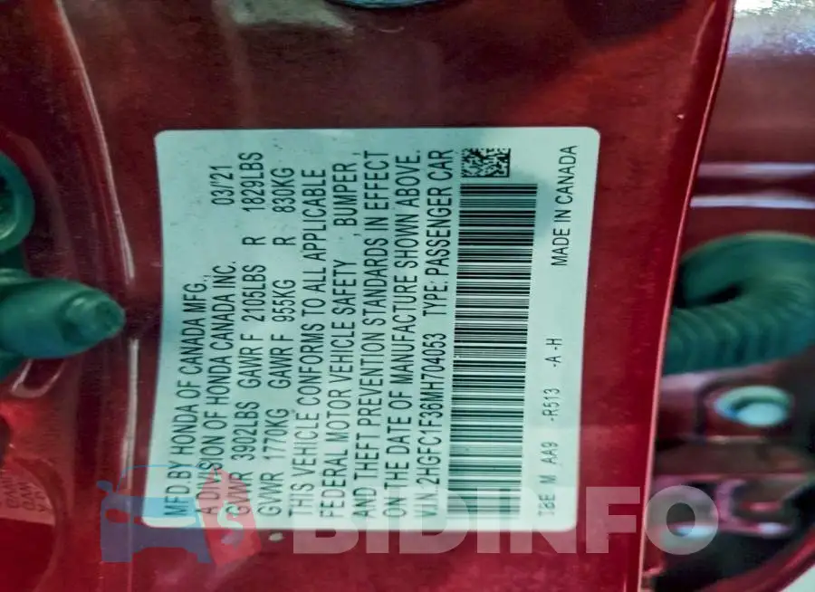 2HGFC1F36MH704053 Photo# 13