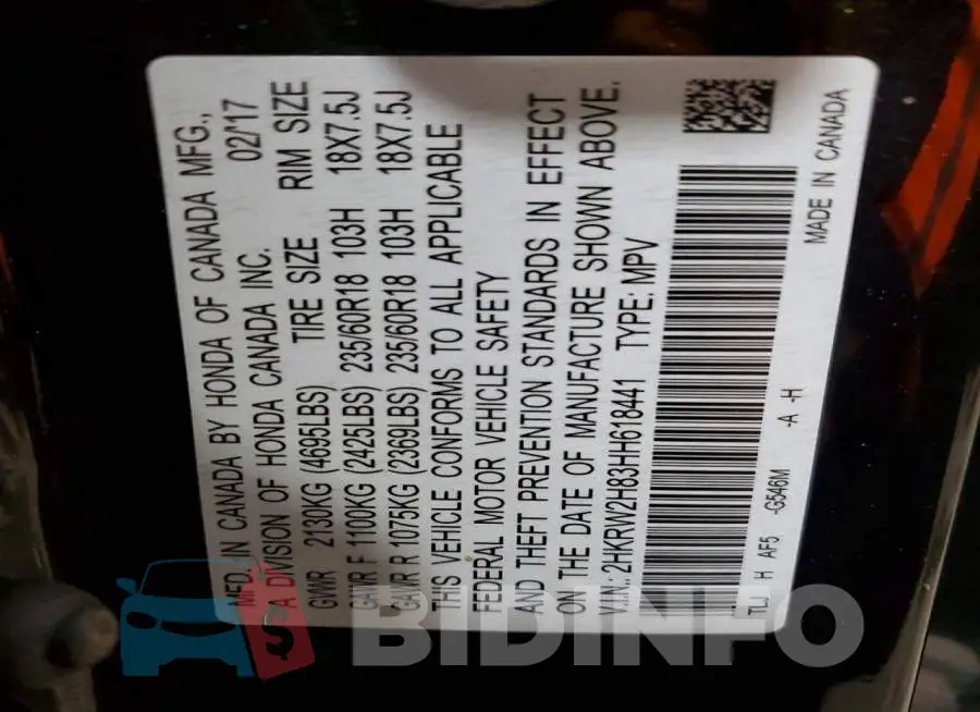 2HKRW2H83HH618441 Photo# 14