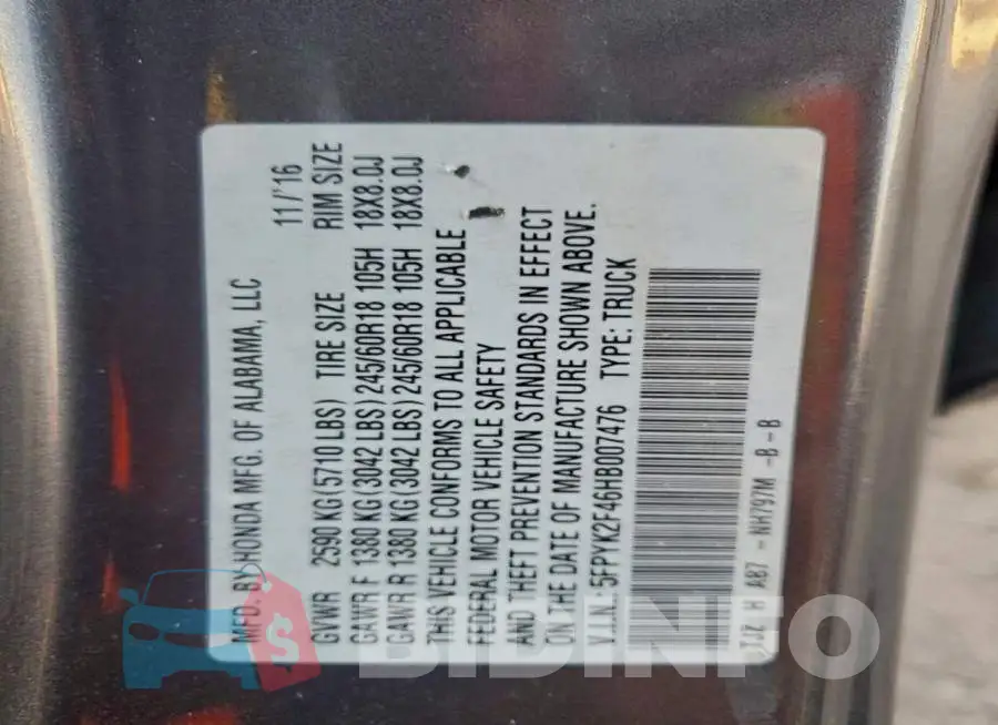 5FPYK2F46HB007476 Photo# 12