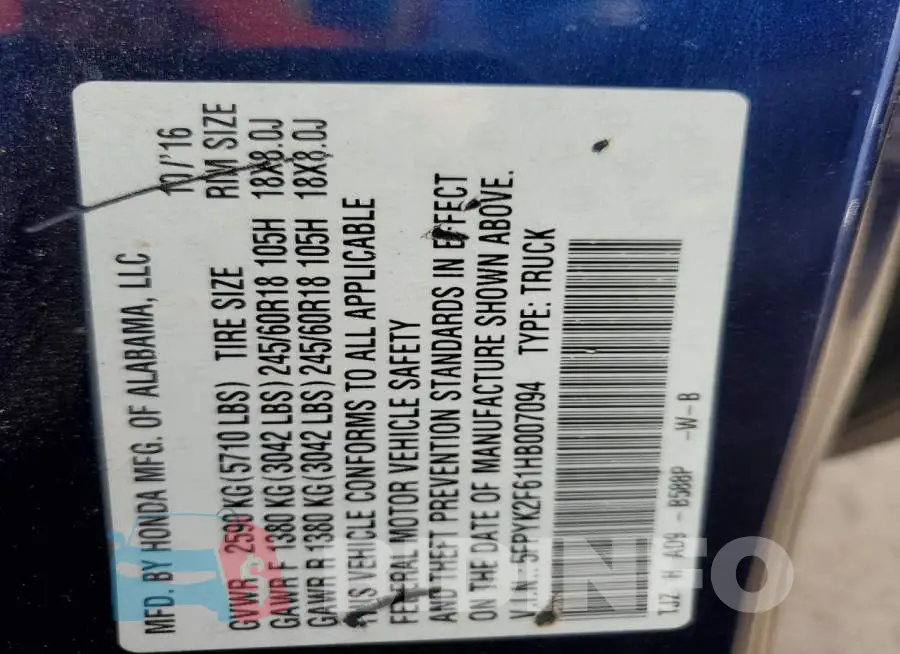 5FPYK2F61HB007094 Photo# 12