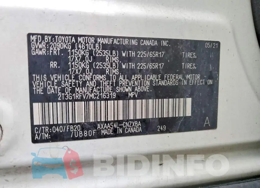 2T3G1RFV7MC216319 Photo# 13