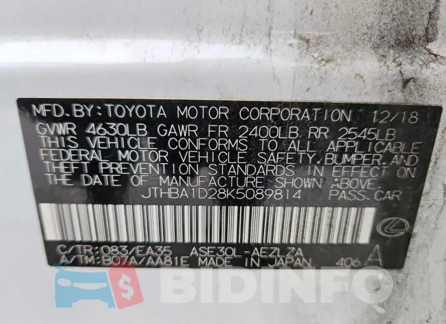 JTHBA1D28K5089814 Photo# 13