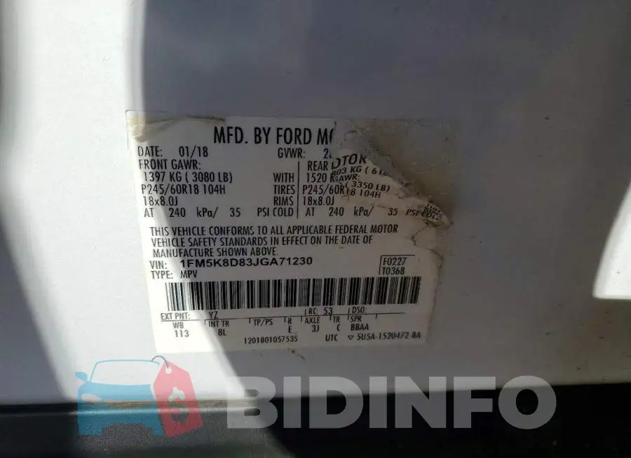 1FM5K8D83JGA71230 Photo# 13