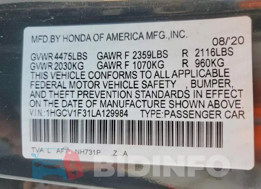 1HGCV1F31LA129984 Photo# 12