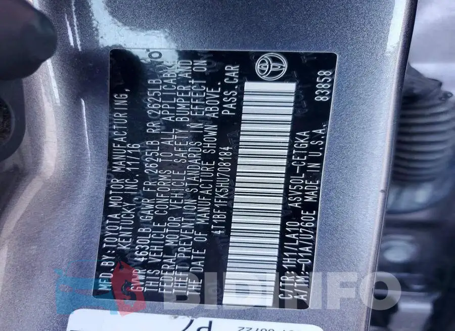 4T1BF1FK5HU708184 Photo# 12
