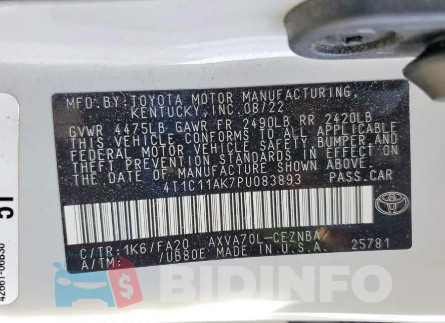 4T1C11AK7PU083893 Photo# 12