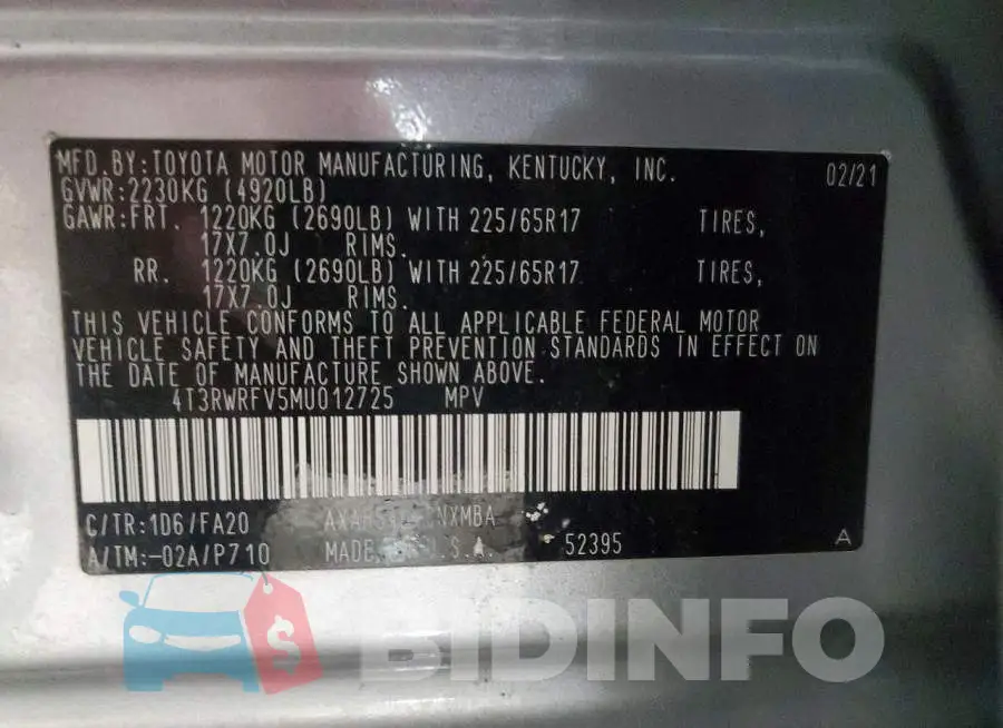 4T3RWRFV5MU012725 Photo# 14