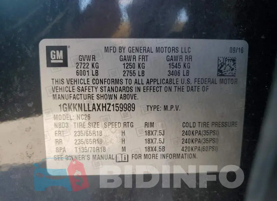 1GKKNLLAXHZ159989 Photo# 13
