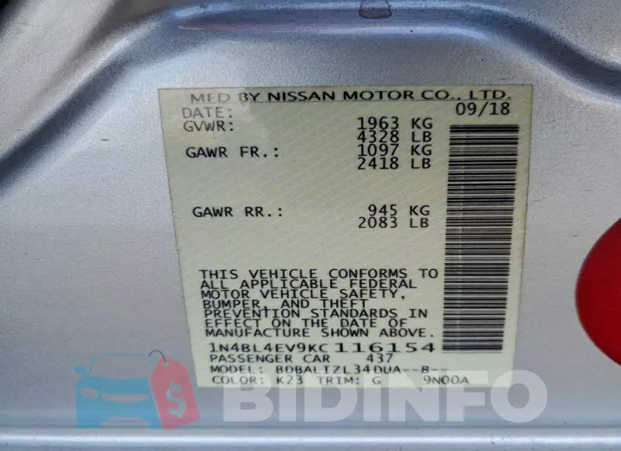 1N4BL4EV9KC116154 Photo# 12