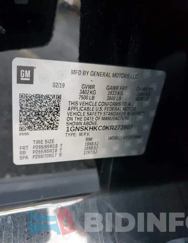 1GNSKHKC0KR273907 Photo# 14