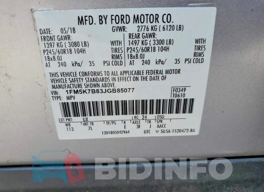 1FM5K7B83JGB85077 Photo# 14