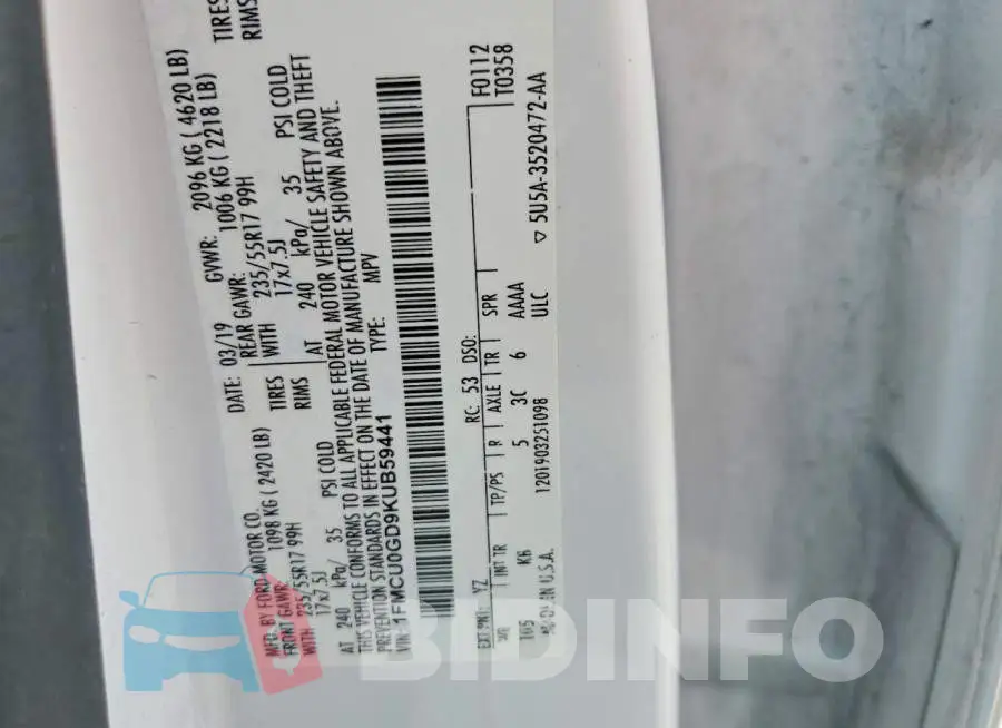 1FMCU0GD9KUB59441 Photo# 14