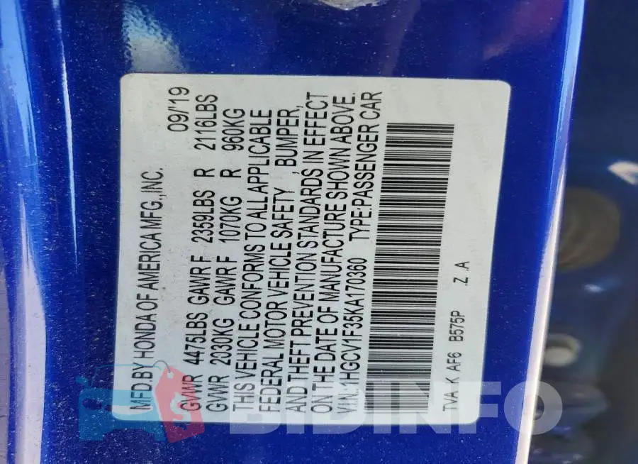 1HGCV1F35KA170360 Photo# 13
