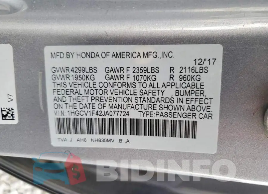 1HGCV1F42JA077724 Photo# 12