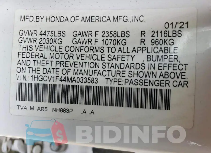 1HGCV1F44MA033583 Photo# 13