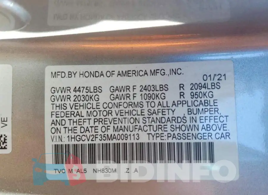 1HGCV2F35MA009113 Photo# 12