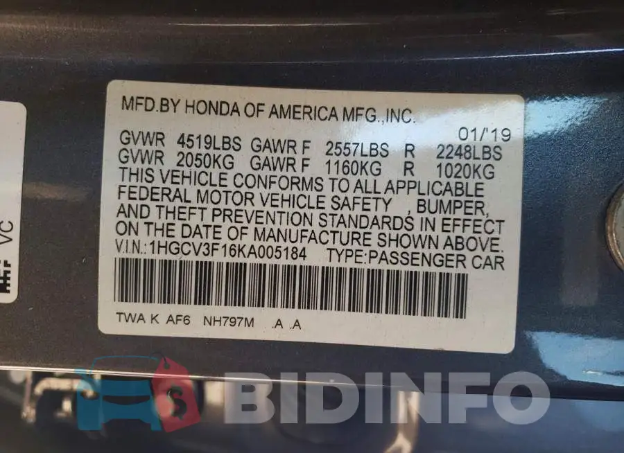 1HGCV3F16KA005184 Photo# 12