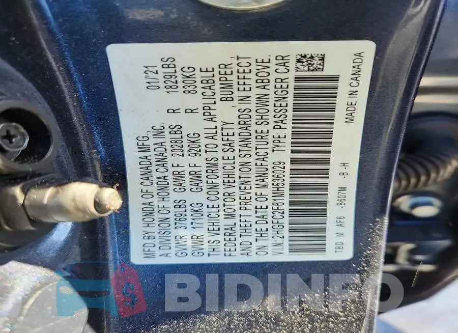 2HGFC2F61MH536029 Photo# 12