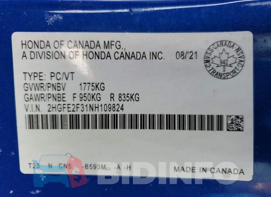 2HGFE2F31NH109824 Photo# 12