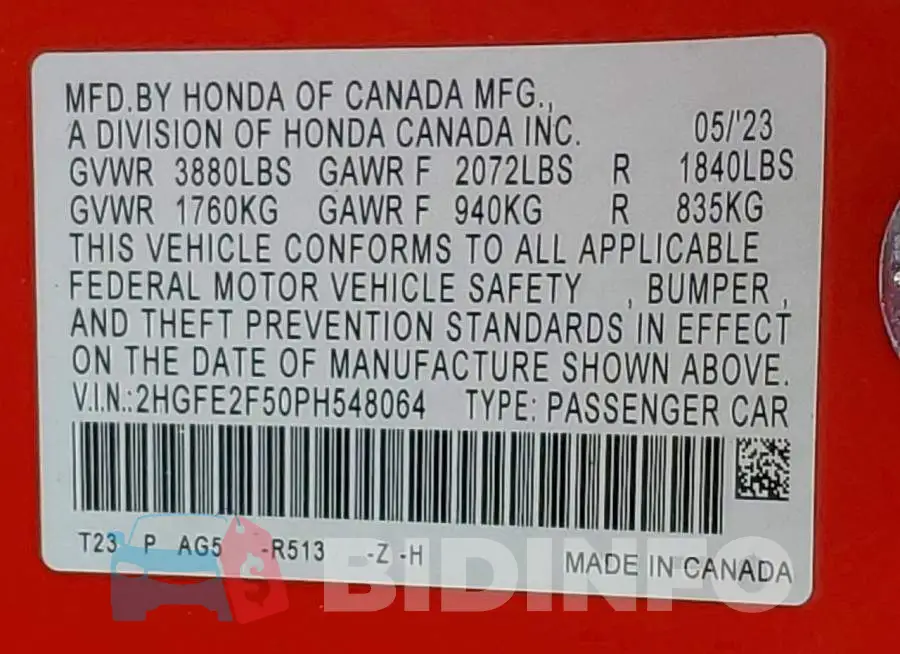 2HGFE2F50PH548064 Photo# 12