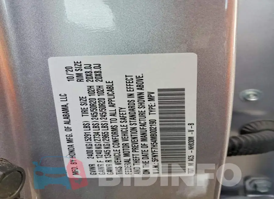 5FNYF7H54MB002190 Photo# 14