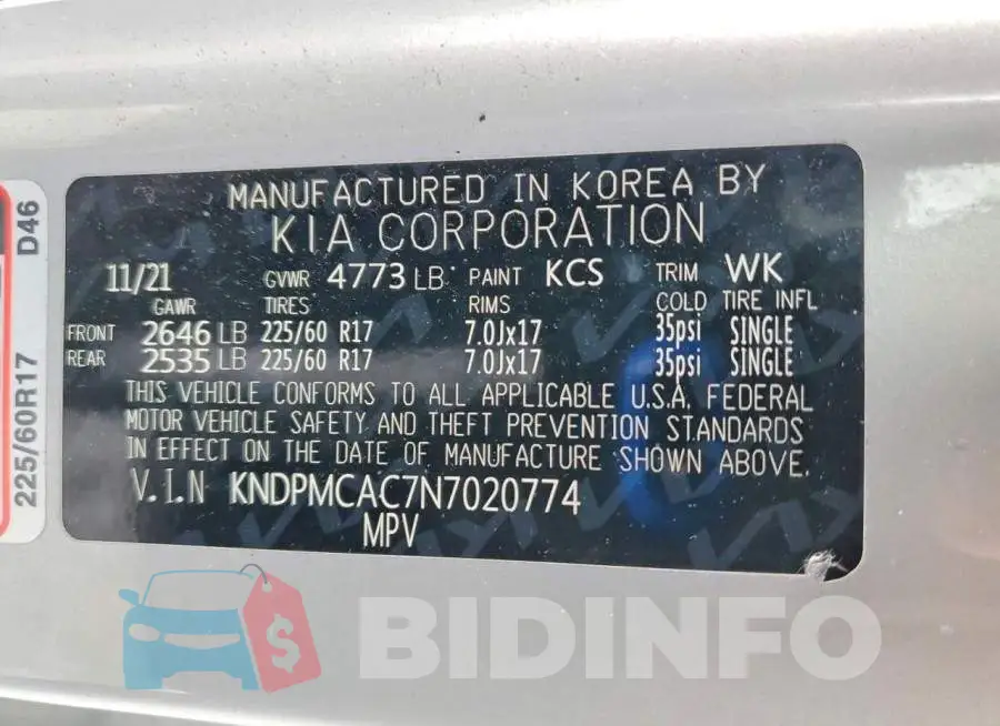 KNDPMCAC7N7020774 Photo# 13