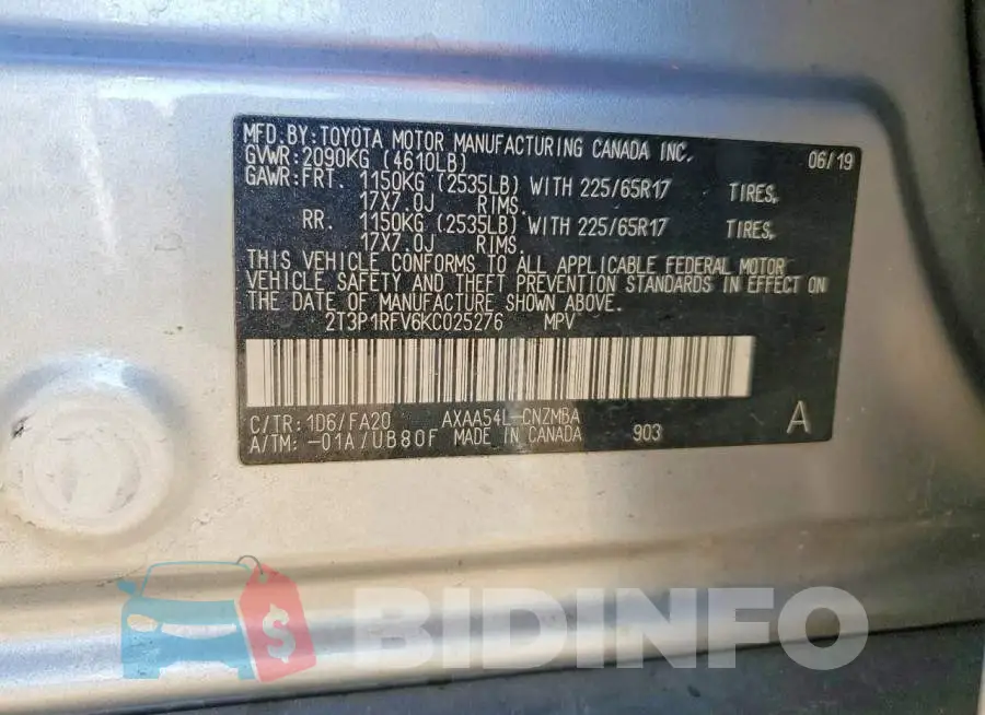 2T3P1RFV6KC025276 Photo# 12