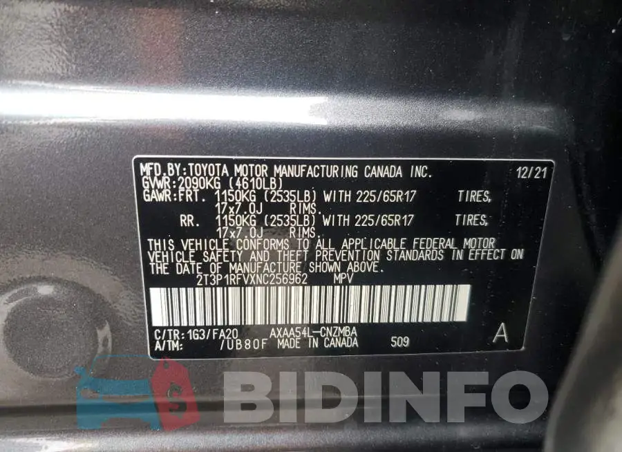 2T3P1RFVXNC256962 Photo# 13