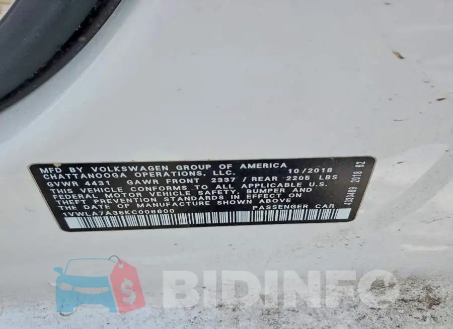 1VWLA7A35KC006600 Photo# 12