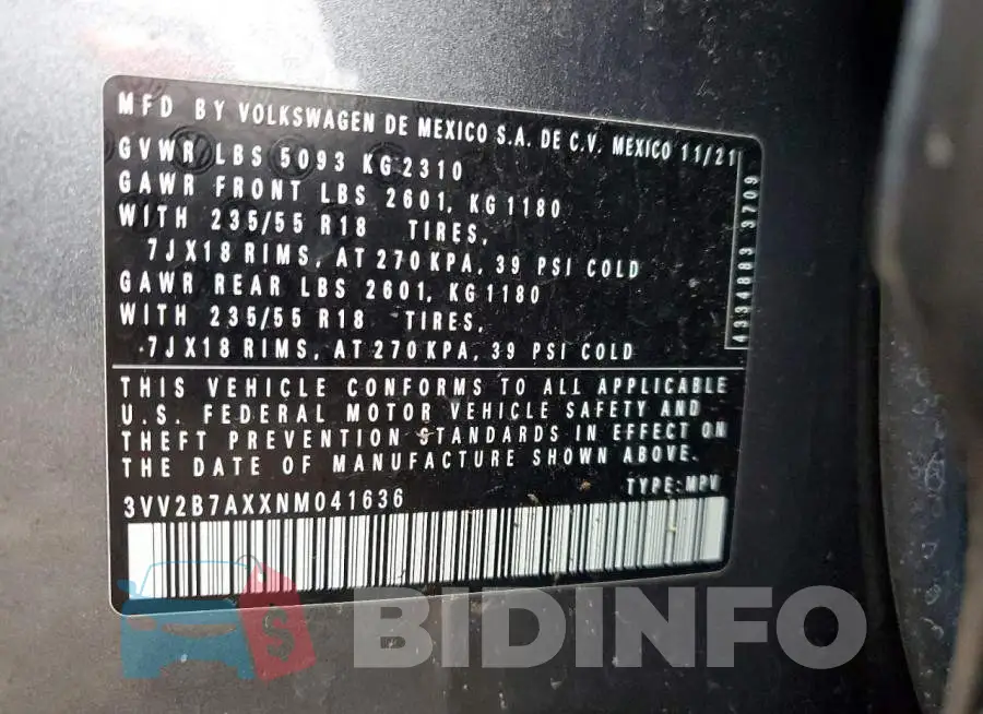 3VV2B7AXXNM041636 Photo# 13