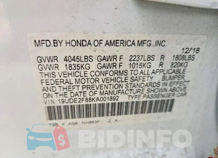 19UDE2F88KA001892 Photo# 12